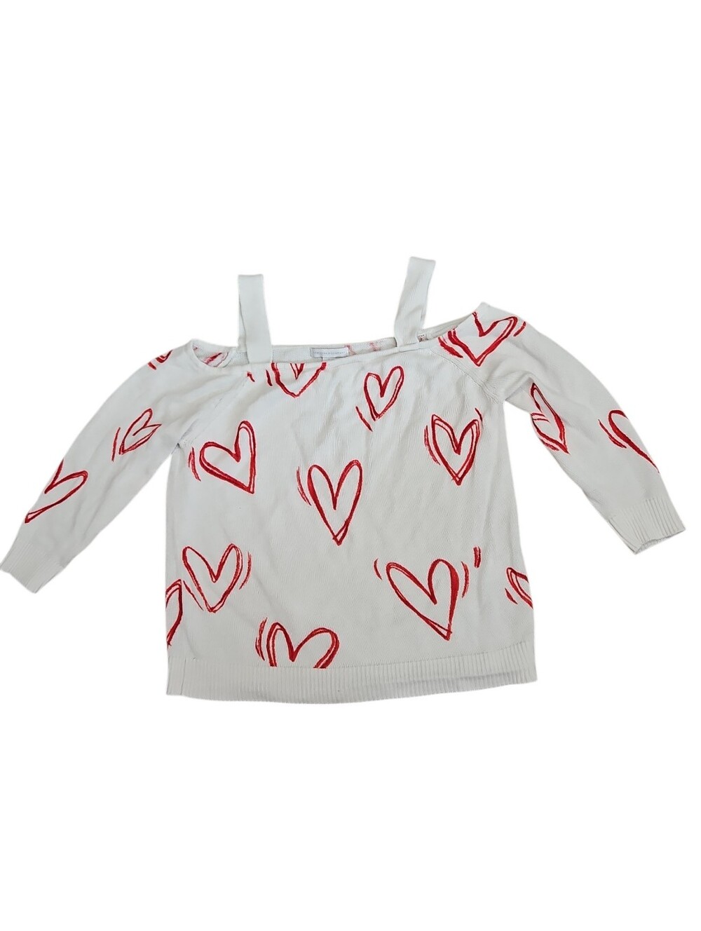 Chic Off-Shoulder Heart Print Sweater - White & Red New York & Company M
